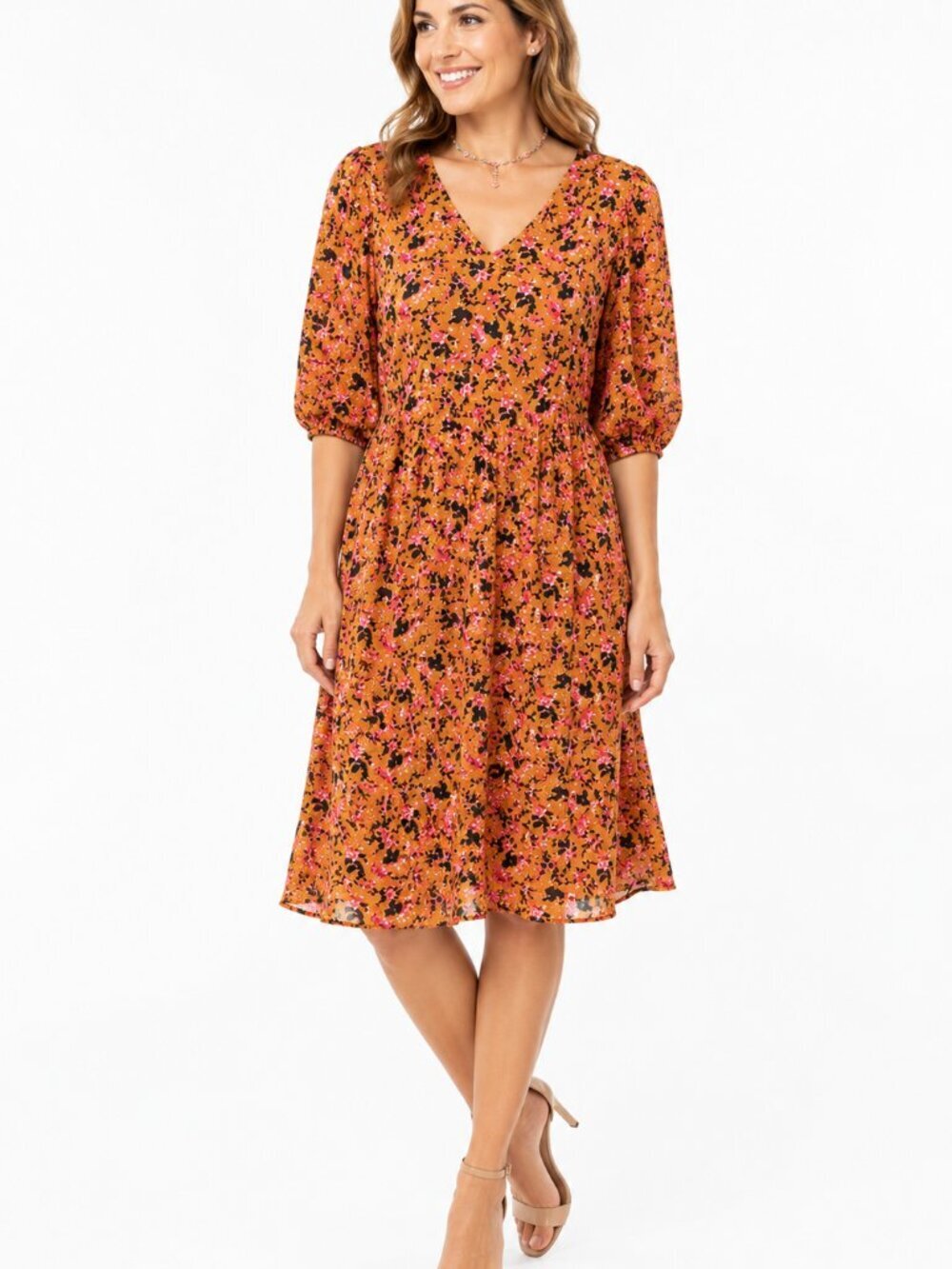 Vero Moda Orange Floral print Puff Sleeve Dress - L